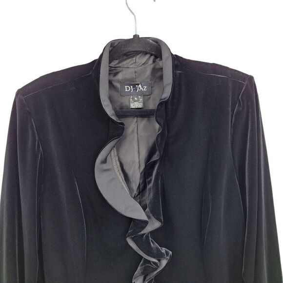 Vintage 80s Cardigan Formal Velour Ruffle Front Button Down Long Sleeve Black 16 - Picture 6 of 11